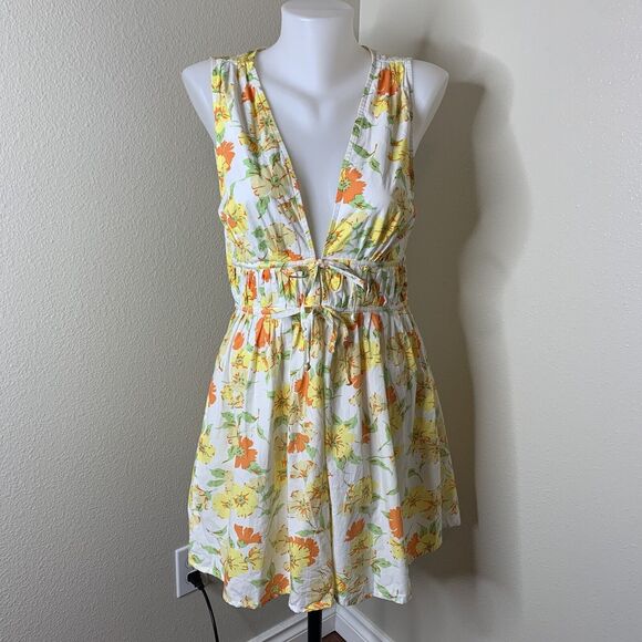 Faithfull The Brand Double Tie Front V Neck Sleeveless Yellow Floral Dress Sz S - Picture 2 of 9